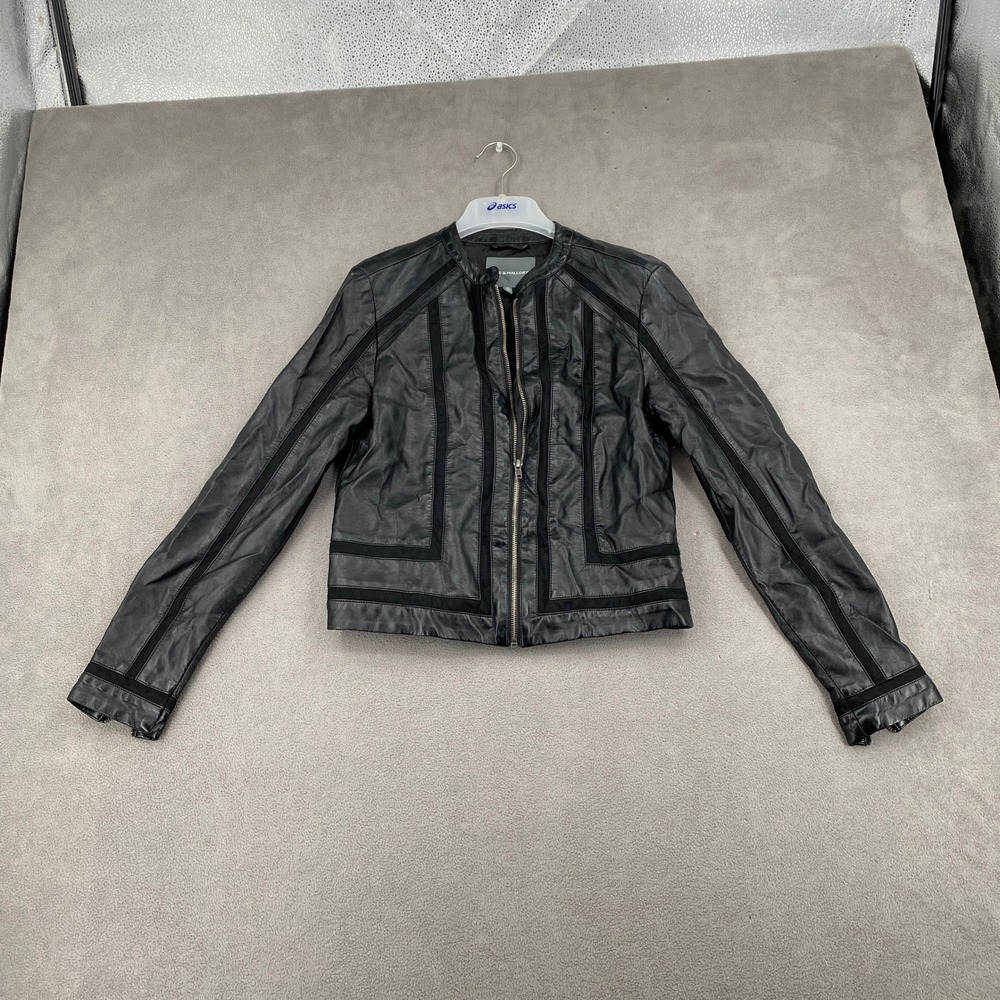 Kate & Mallory Womens Black Faux Leather Moto Jacket Collarless Size S H246